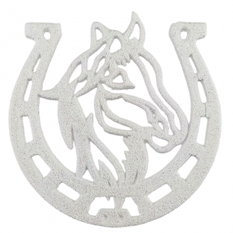 Купить Елочная игрушка с глиттером "Подкова с лошадью" 13,5 х13 см. (белая) оптом